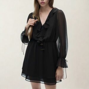 MANGO Black Ruffle Long Sleeve Mini Dress